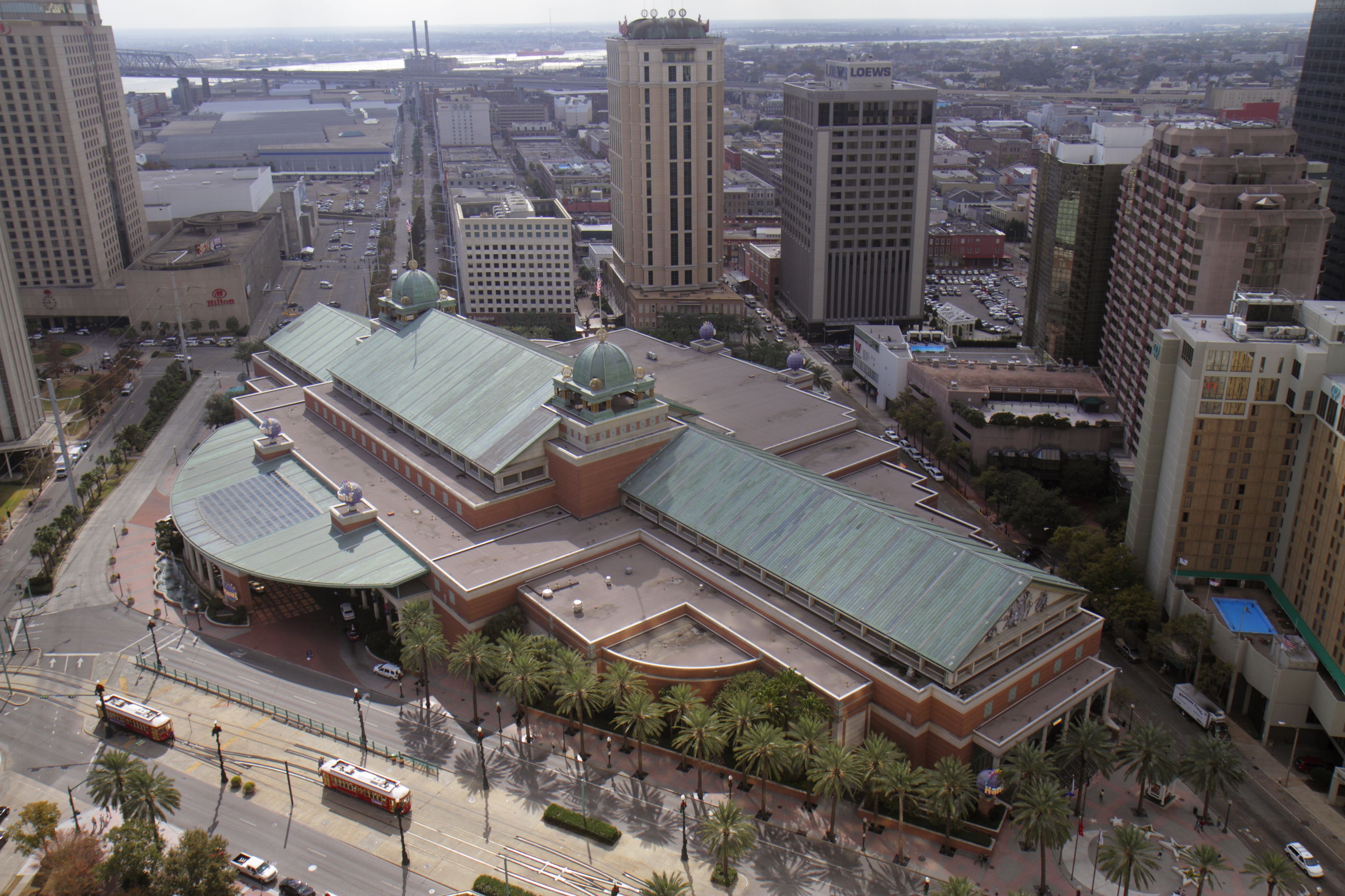 Photo shows an aerial view of harrah's hotel in New Orleans.