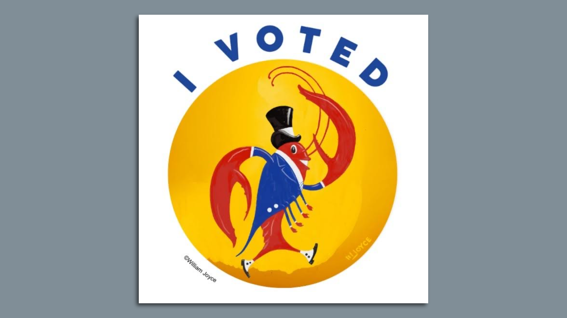 Image shows a cartoon crawfish in a tuxedo with "I Voted" written on top in blue letters.