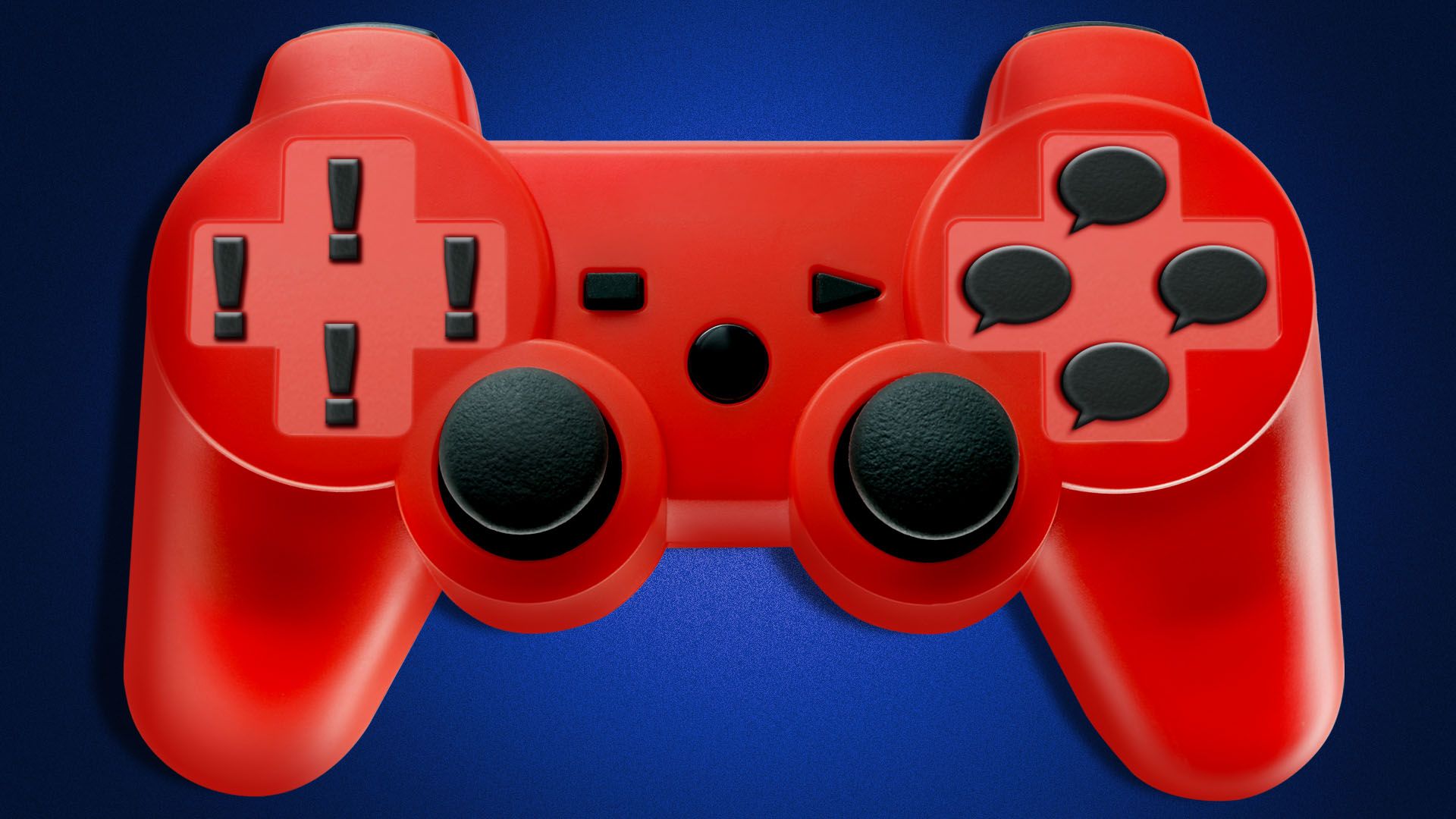 Illustration of a video game controller with the buttons in the shape of speech bubbles and exclamation points