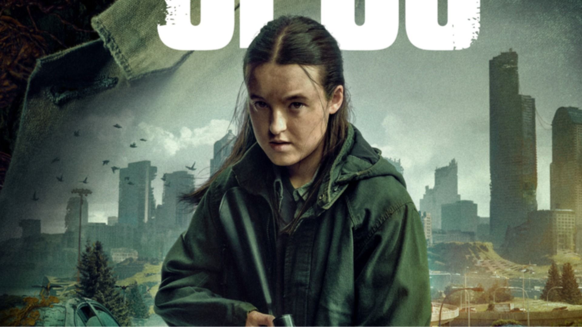 A girl from The Last of Us set against Seattle skyline