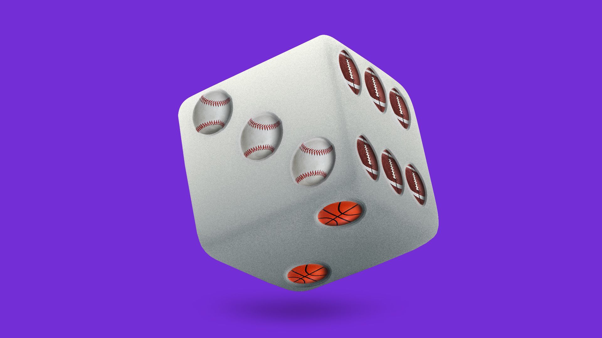 Illustration of a die with different sports balls as the dots. 