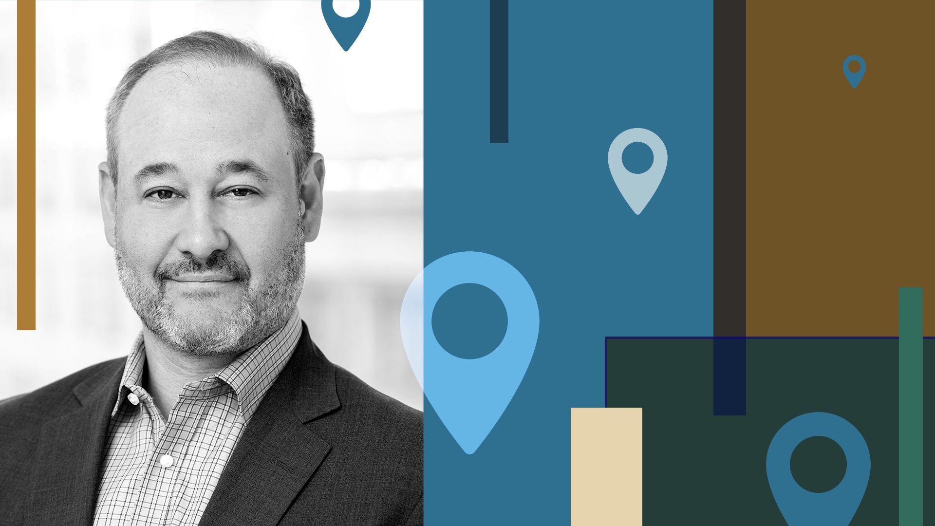 Photo illustration of Scott Havens with abstract shapes and location icons.