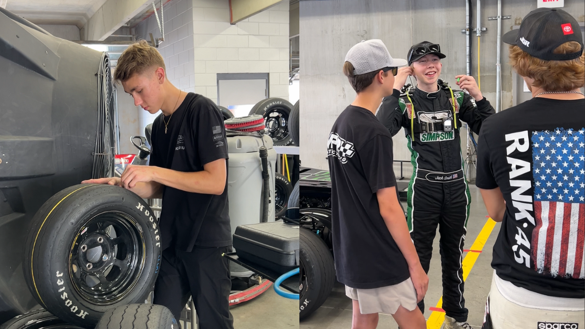 Two-panel garage scene: left, a young man in black tightens a tire on a race car; right, a driver in a black-green racing suit talks with teammates, one wearing an American flag shirt.