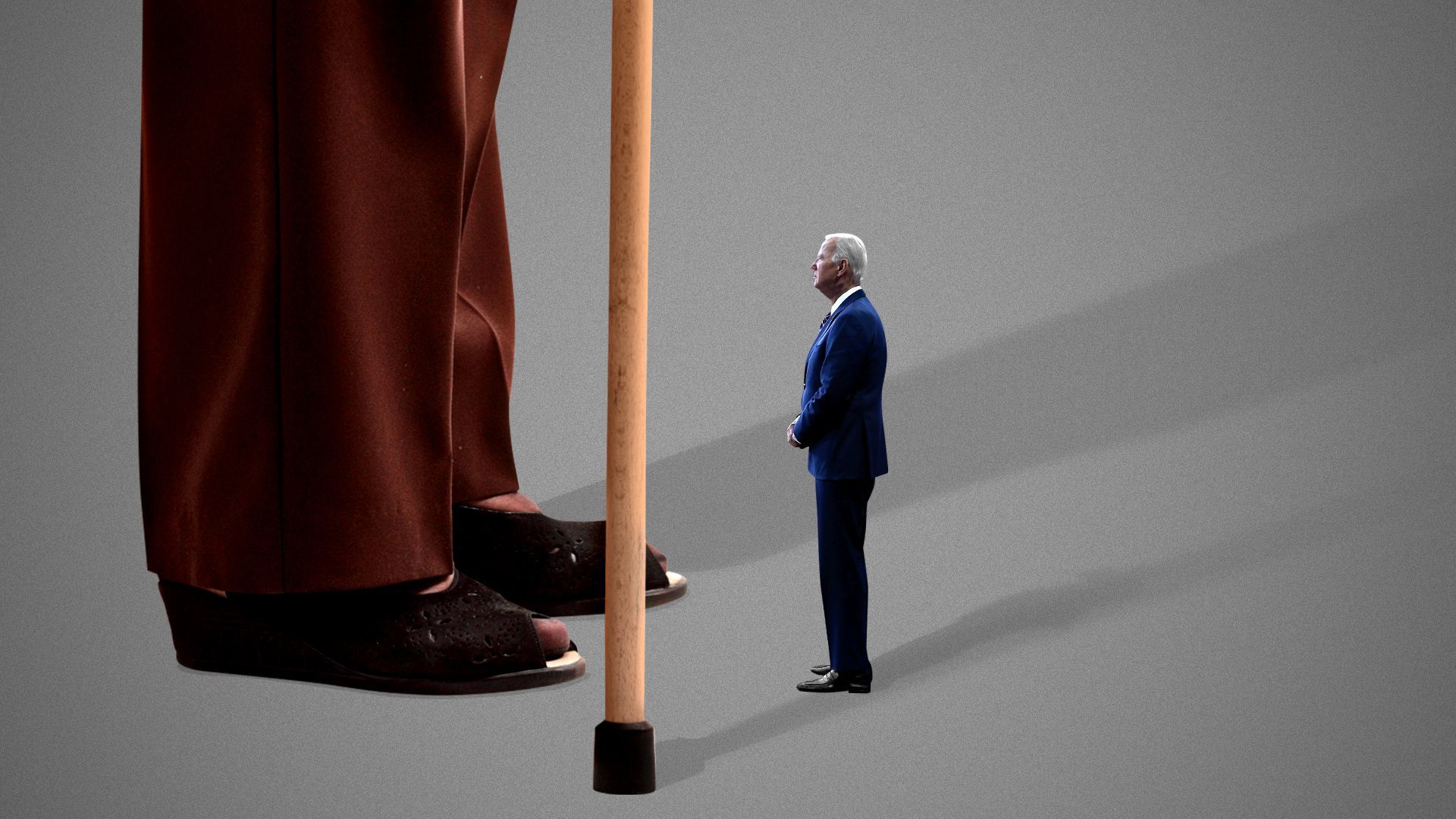 Illustration of President Joe Biden looking up at a very tall older person using a cane. 