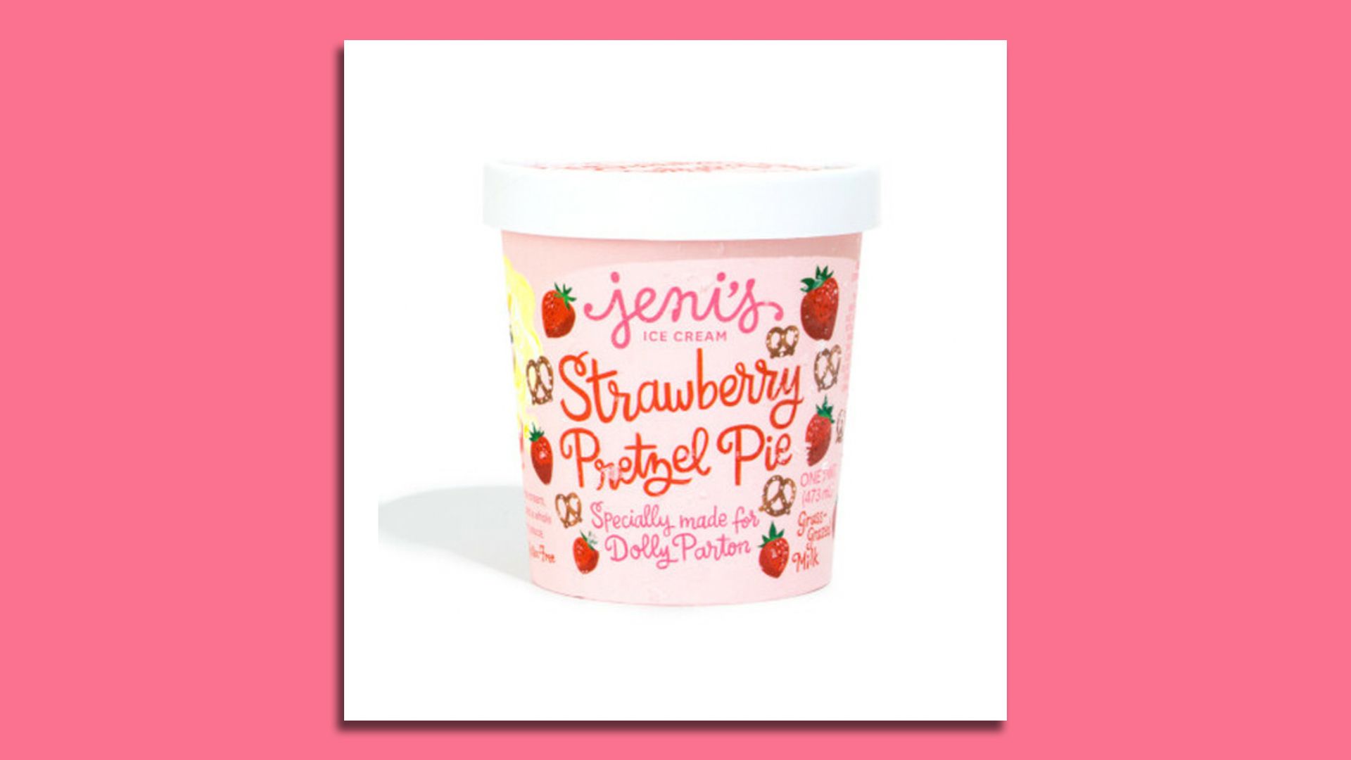 A pint of Jeni's ice cream flavor strawberry pretzel pie.