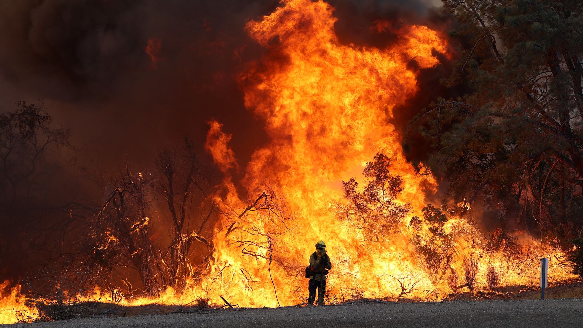 Picture of a firefighter with a wall of flames erupting behind him.