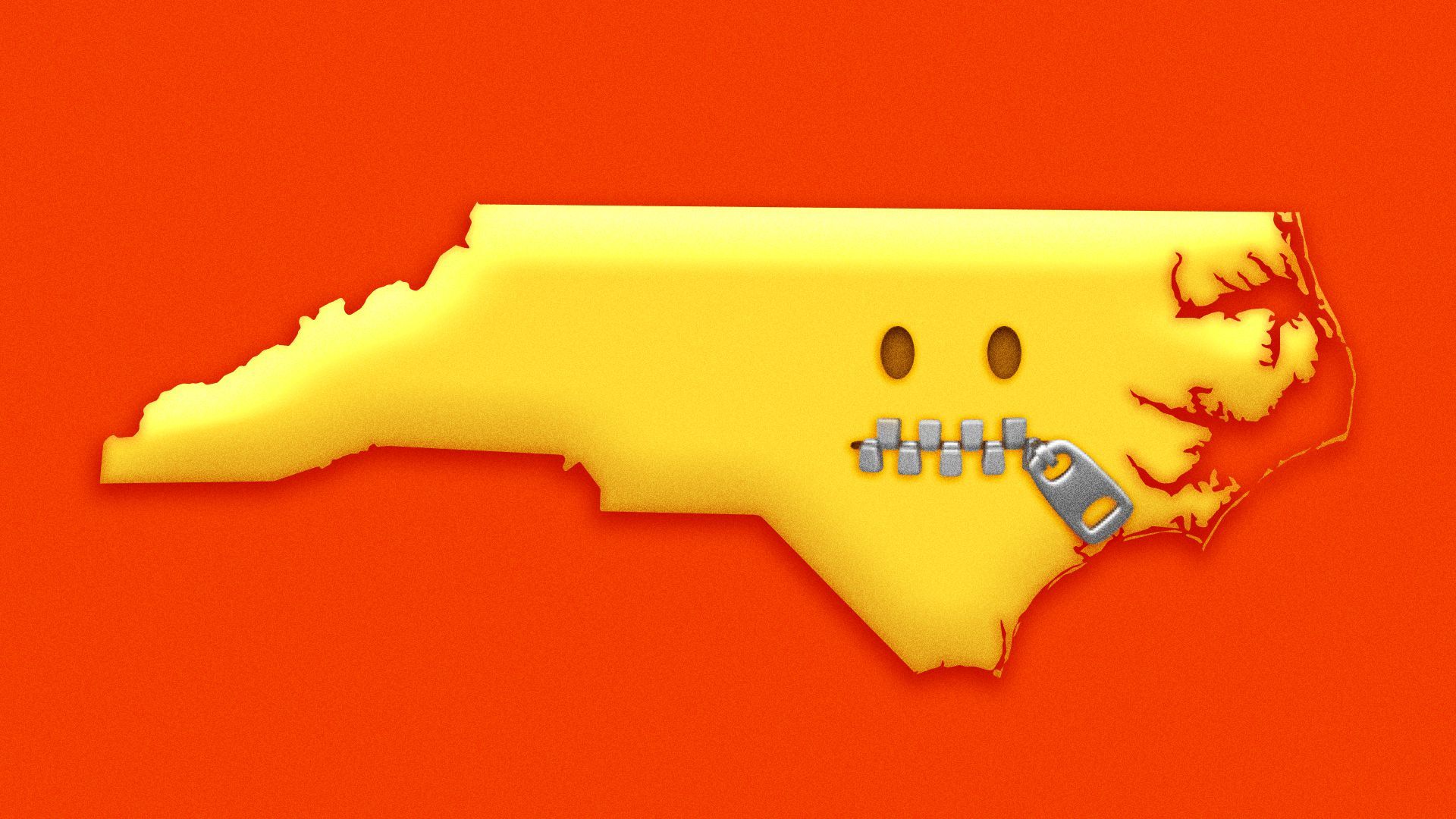 Illustration of the state of North Carolina as if it were the zipper-face emoji. 