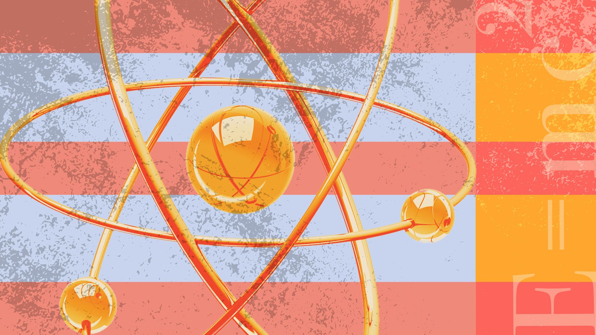 Illustrated collage of an atom with stripes and the equation e=mc2