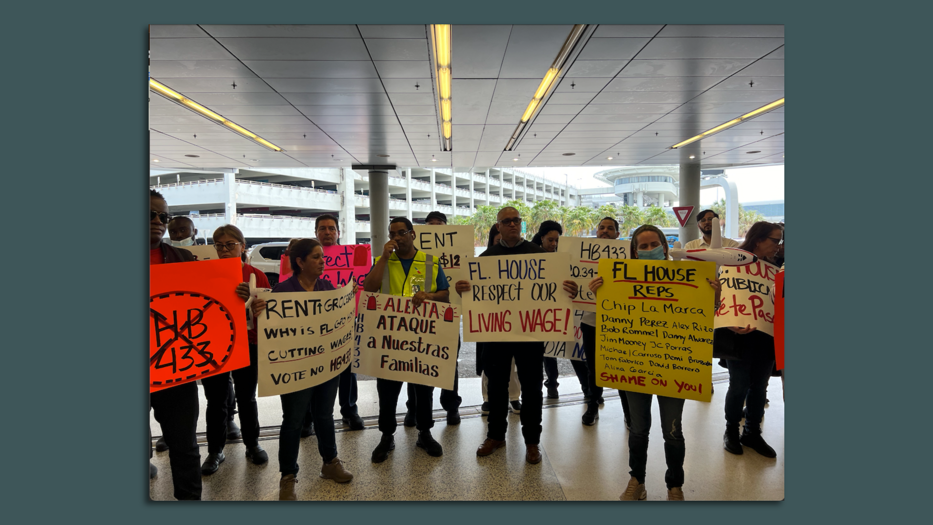 Airport workers and security officers protest for wage protections at Miami International Airport.