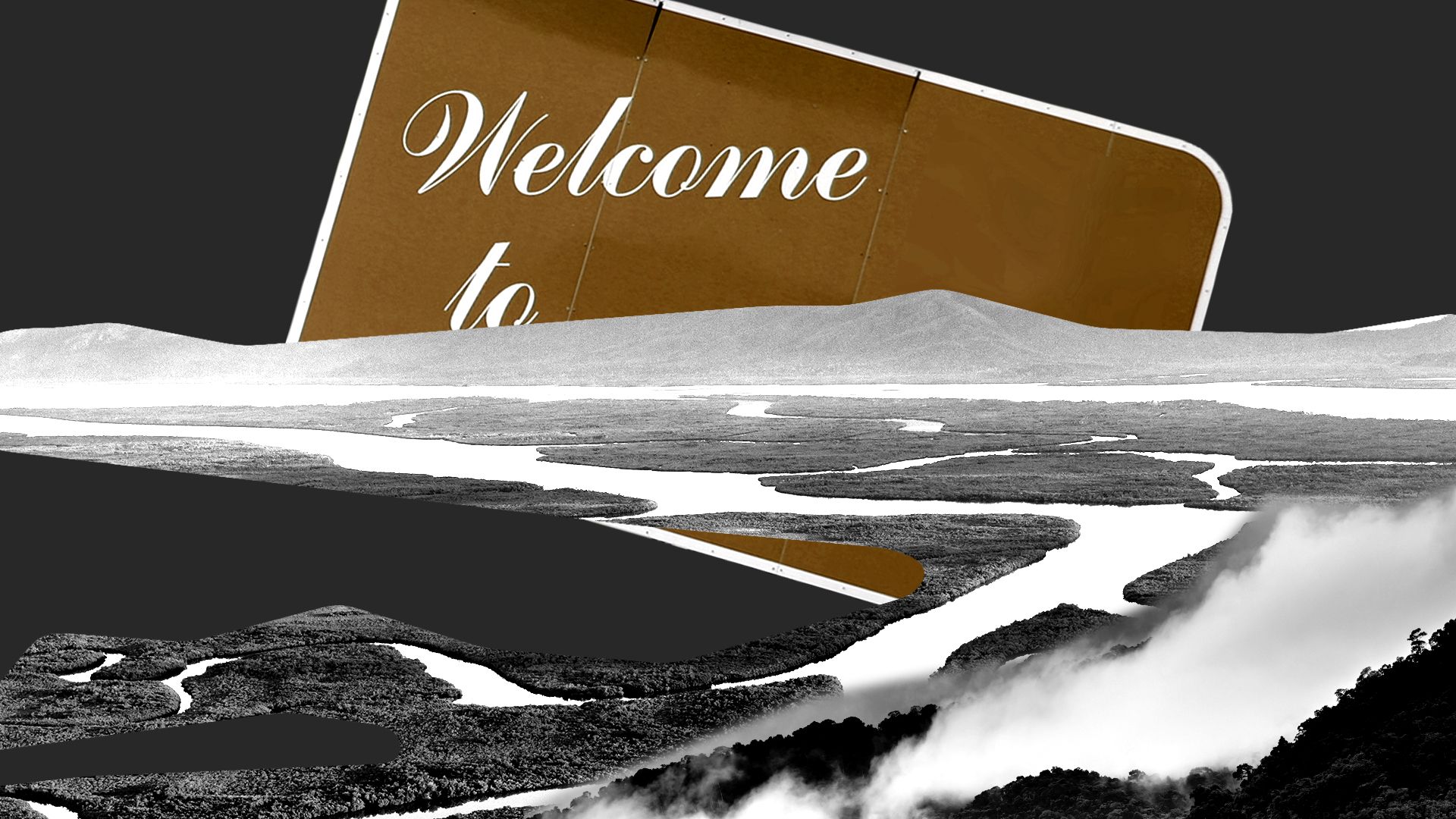 Illustration collage of a welcome sign amidst images of rivers and mountains.