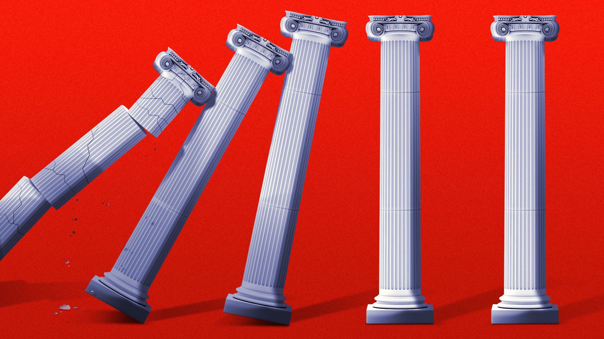 Illustration of roman style columns falling like dominos 