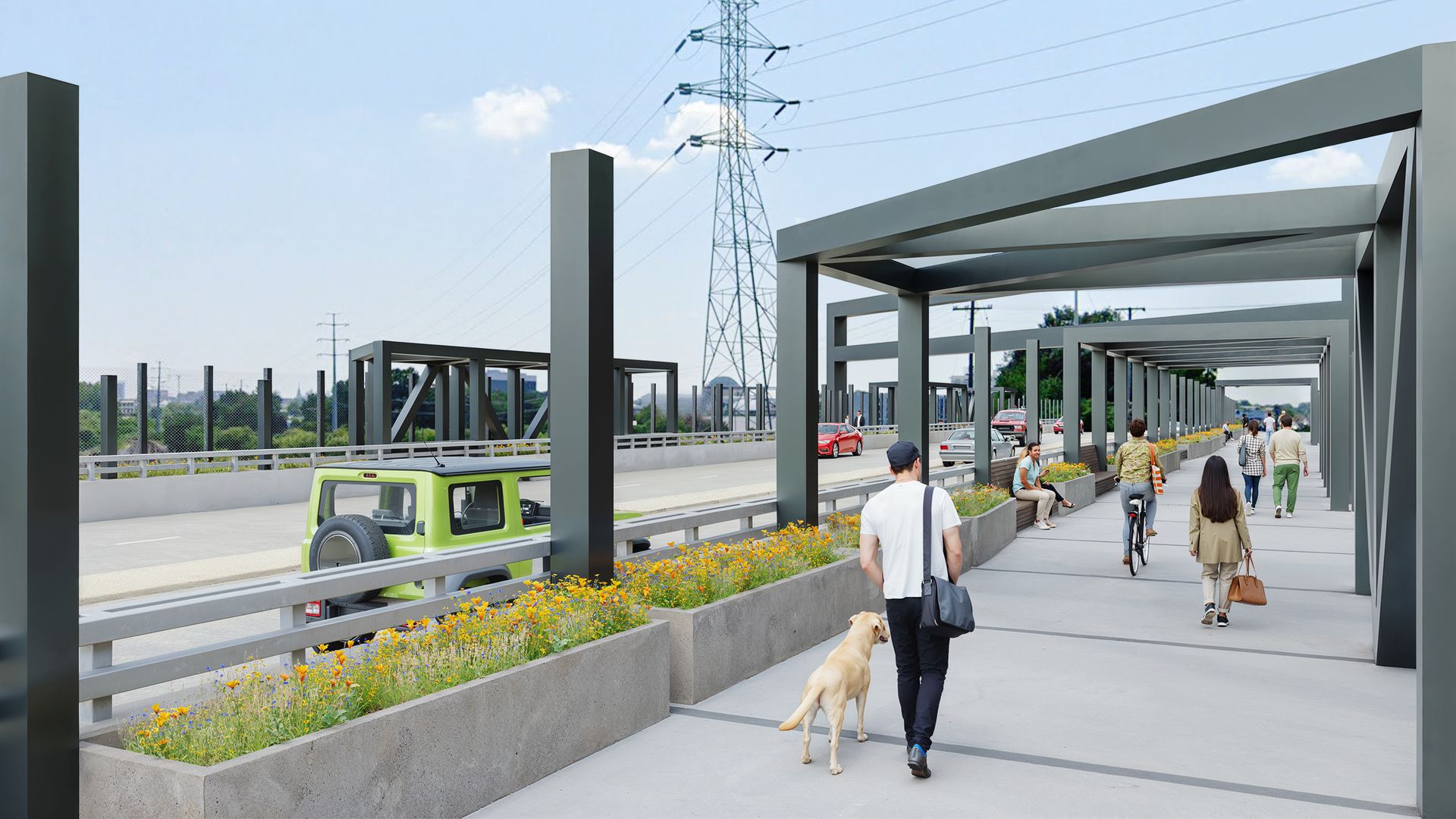 A wide pedestrian walkway beside a busy highway, with dark gray metal frame canopies, planters of yellow flowers, people walking and biking, and a man with a dog; a green SUV is on the road.